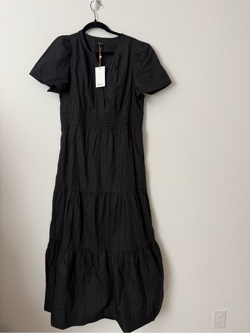 Quince 100% Organic Cotton Tiered Maxi Dress Black Puff Sleeve L NWT